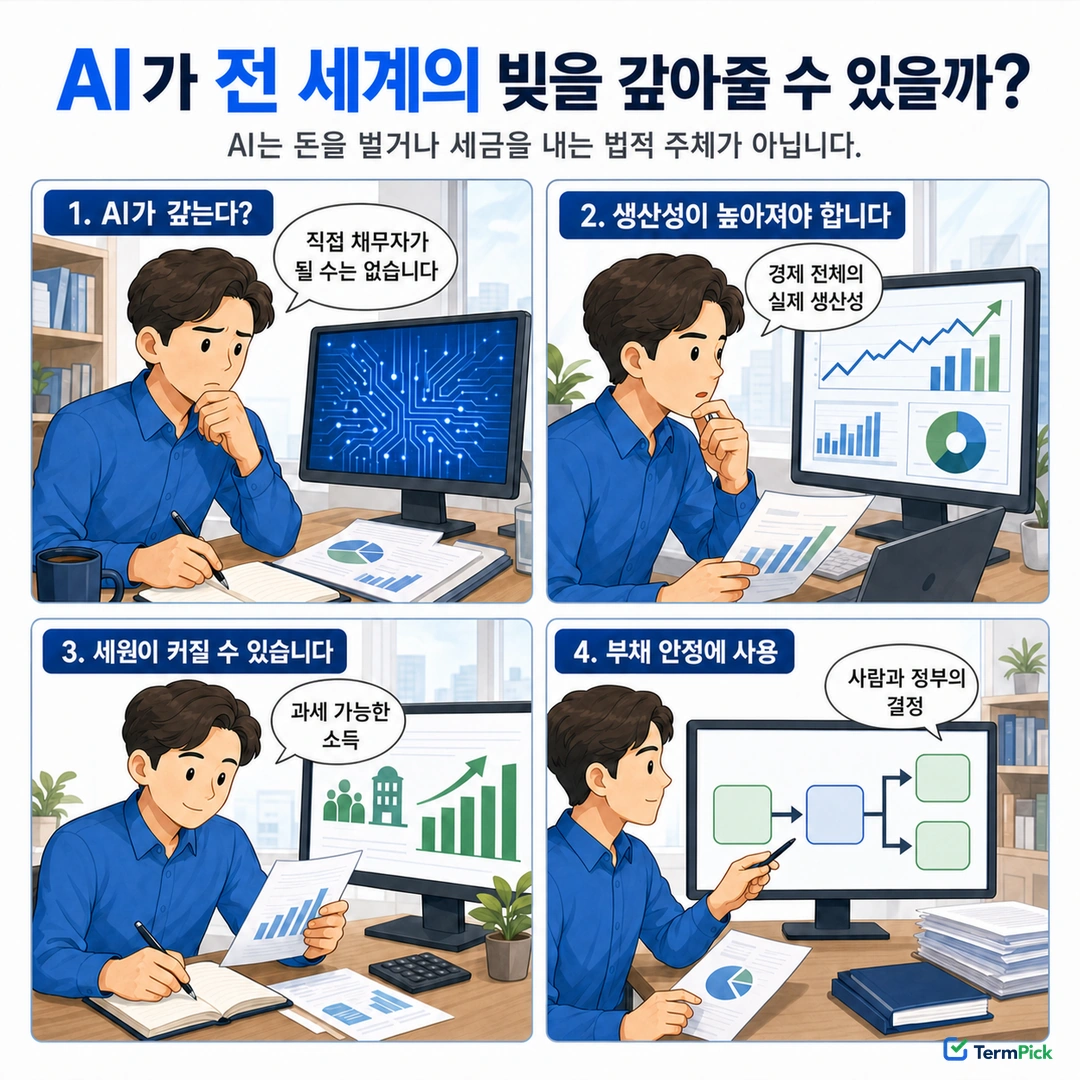 AI가 세계의 빚을 직접 갚지 않고 생산성과 세수를 통해 부채 부담에 영향을 주는 과정