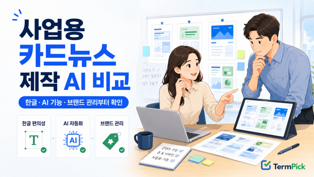사업용 카드뉴스 제작 AI의 한글 편의성과 브랜드 관리 기능을 비교하는 모습