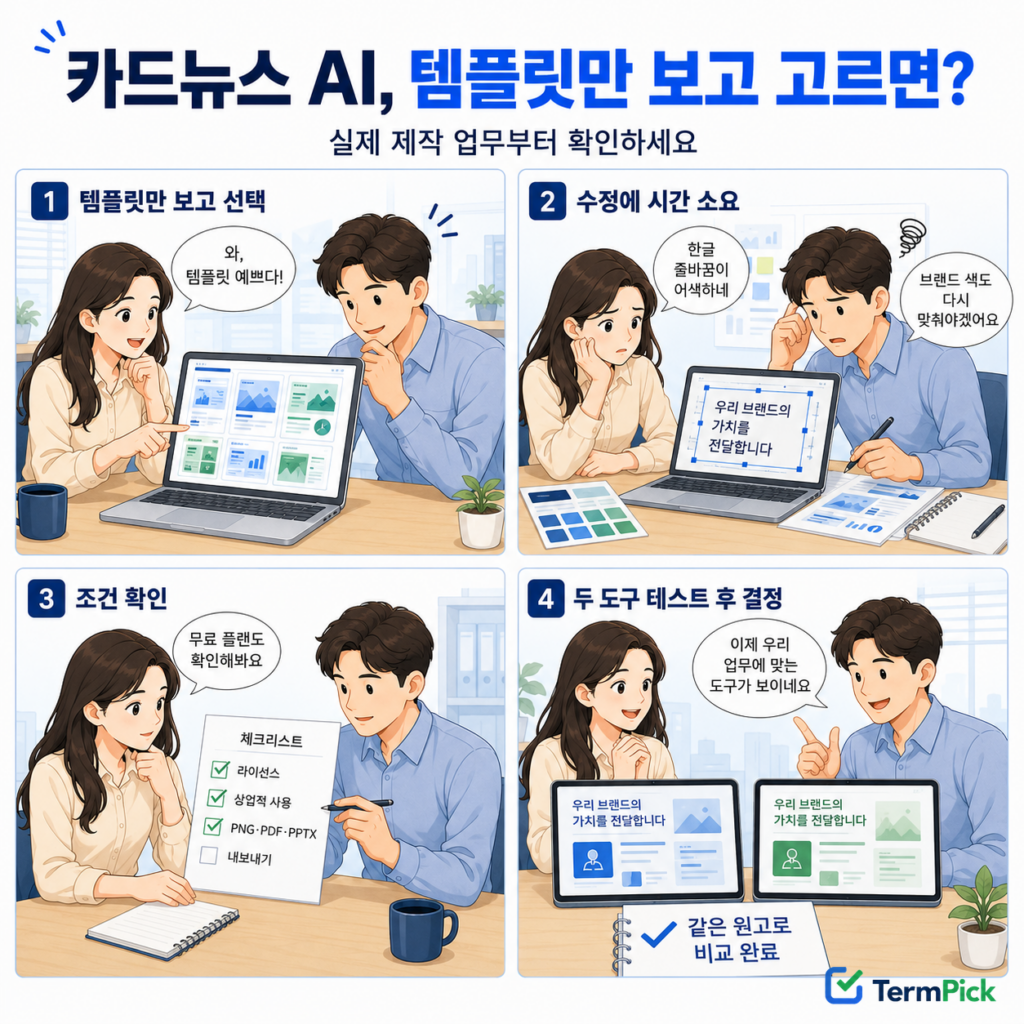 사업용 카드뉴스 제작 AI를 템플릿이 아닌 업무 기준으로 선택하는 4컷 만화