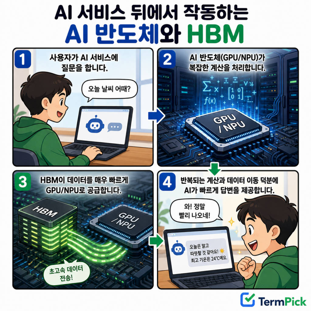 AI 반도체가 연산하고 HBM이 데이터를 공급하는 과정을 설명한 4컷 만화