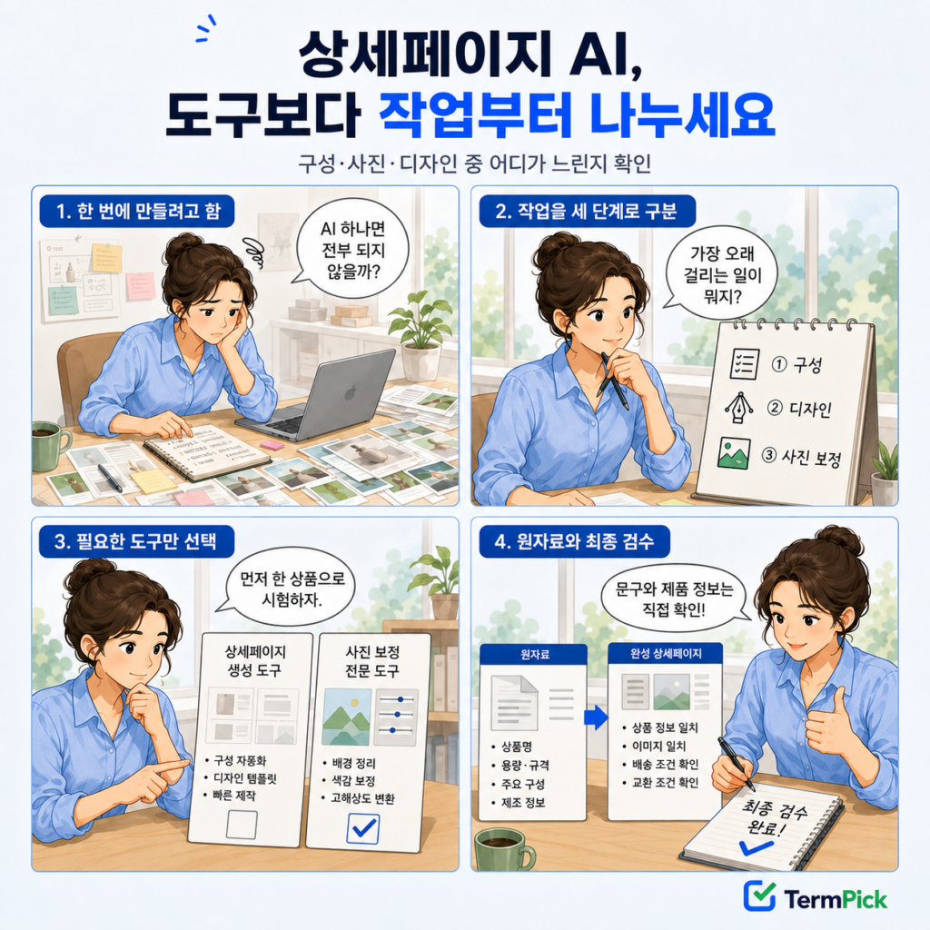 쇼핑몰 상세페이지 제작 AI 도구를 작업 구분과 검수 순서로 선택하는 4컷 만화