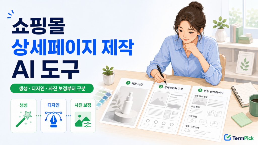 쇼핑몰 상세페이지 제작 AI 도구를 생성 디자인 사진 보정 역할로 비교하는 판매자