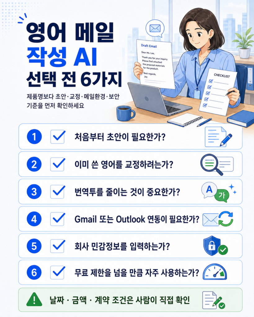영어 메일 작성 AI 도구 선택 전 확인할 초안 교정 메일 연동 보안 기준