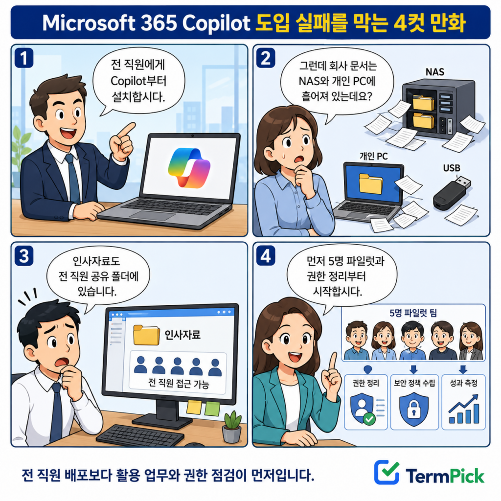Microsoft 365 Copilot 도입 전 비용과 권한을 확인하는 4컷 만화