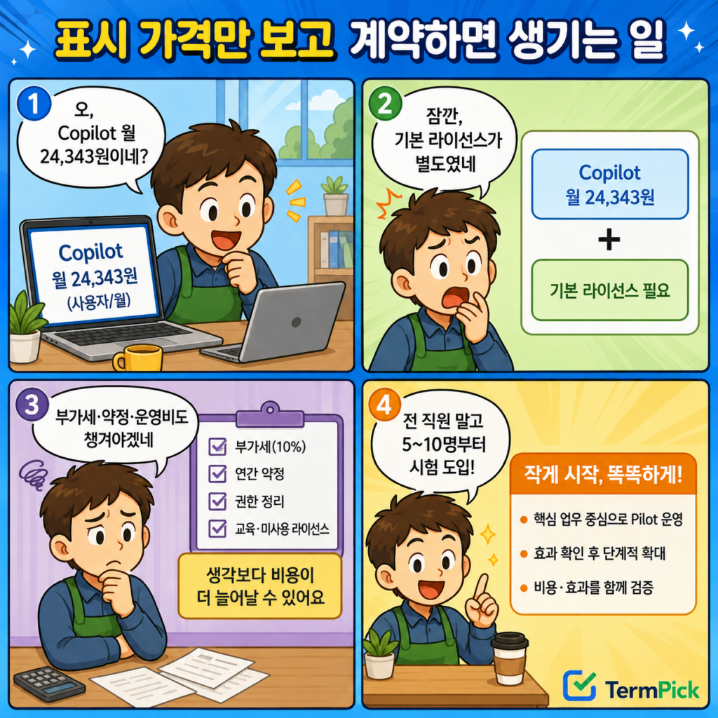 Microsoft 365 Copilot 요금제만 보고 도입했다가 기본 라이선스와 갱신 비용을 확인하는 4컷 만화