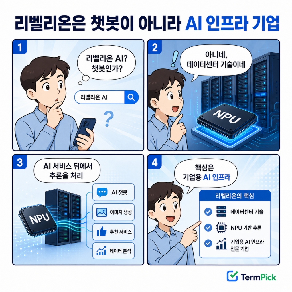 리벨리온을 AI 챗봇으로 오해한 독자가 데이터센터용 NPU 기업임을 이해하는 4컷 만화