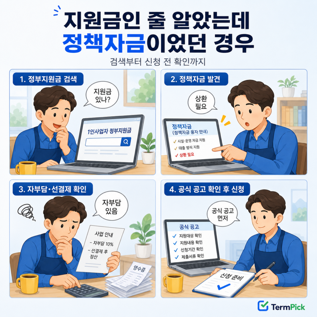 1인사업자 정부지원금을 찾을 때 지원금과 정책자금을 구분하고 공식 공고를 확인하는 4컷 만화
