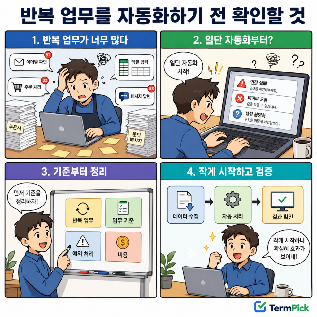 개인사업자가 반복 업무를 무작정 자동화했다가 업무 기준부터 정리하는 4컷 만화