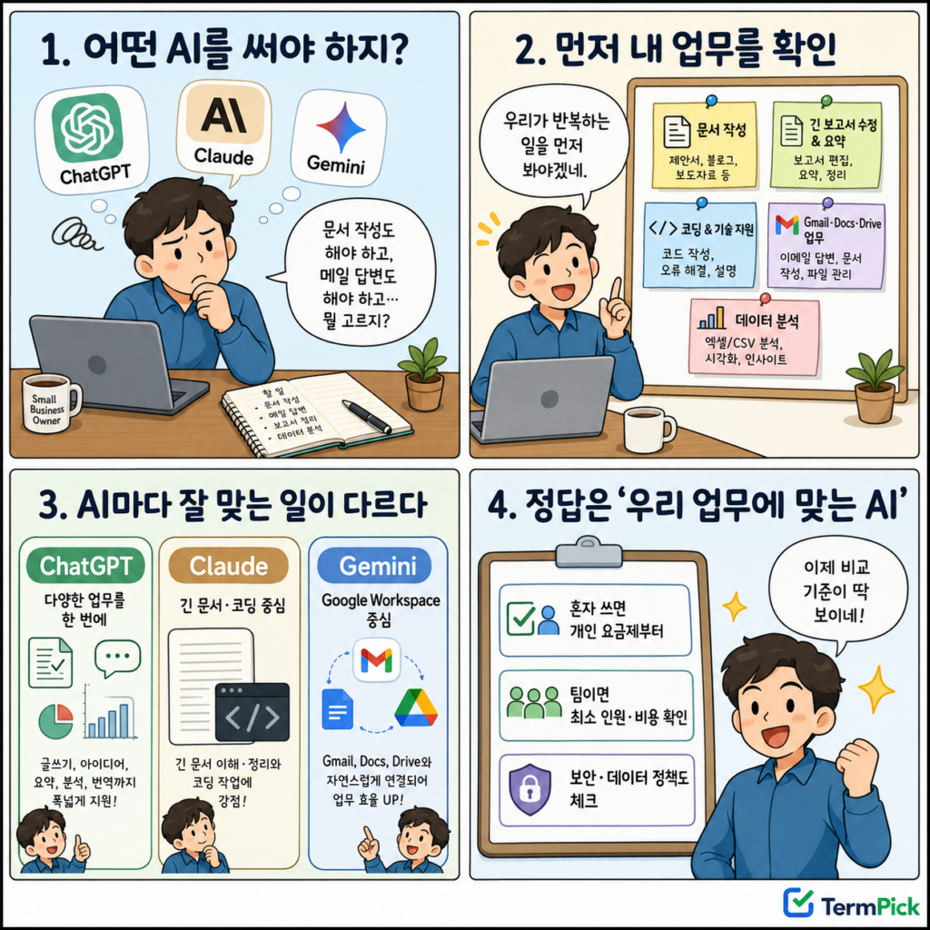 사업자가 ChatGPT Claude Gemini 중 업무에 맞는 AI를 선택하는 과정을 설명한 4컷 만화