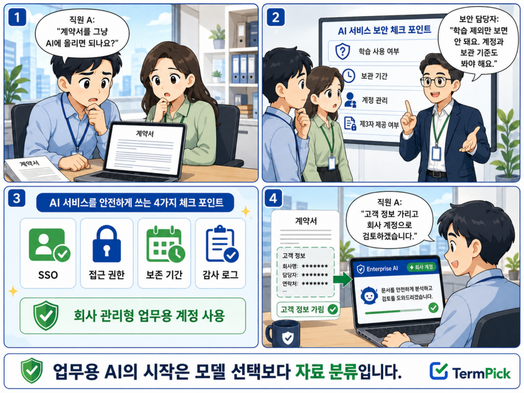 업무용 AI 사용 전 회사 자료 분류와 보안 체크를 설명한 4컷 만화
