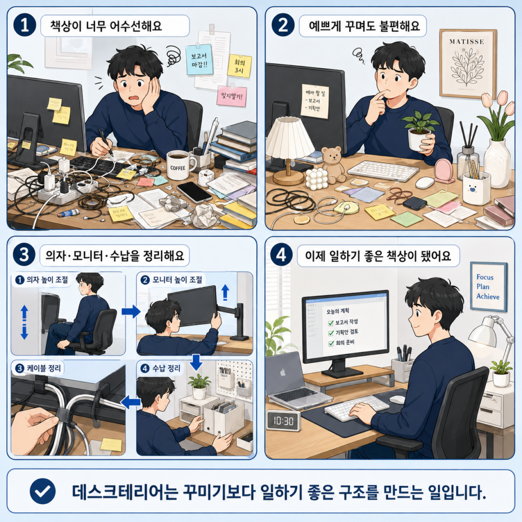 어수선하고 불편한 책상을 의자와 모니터 높이, 케이블과 수납을 조정해 일하기 좋은 공간으로 바꾸는 4컷 만화