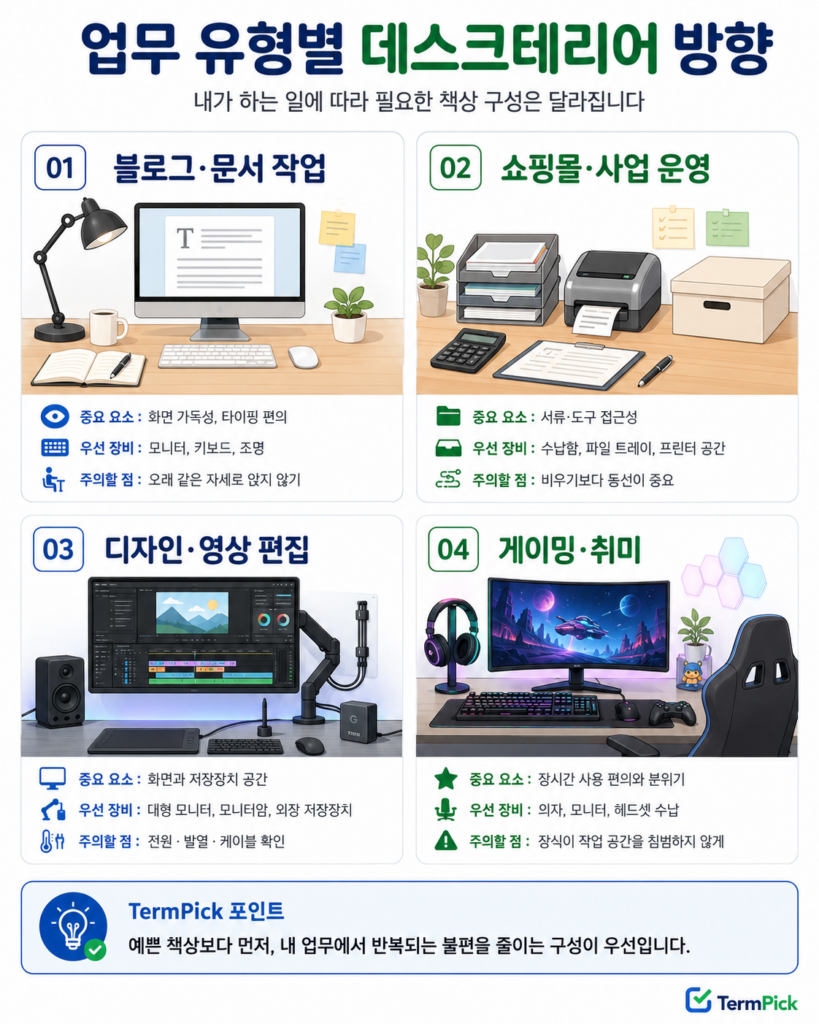 블로그와 문서 작업, 쇼핑몰 운영, 영상 편집, 게이밍 업무 유형별 데스크테리어 구성 비교