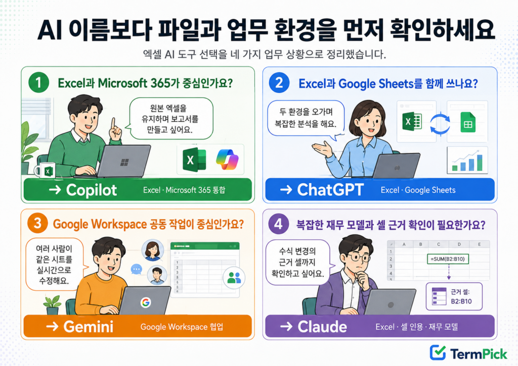 엑셀 AI 도구 선택 기준을 설명하는 4컷 만화