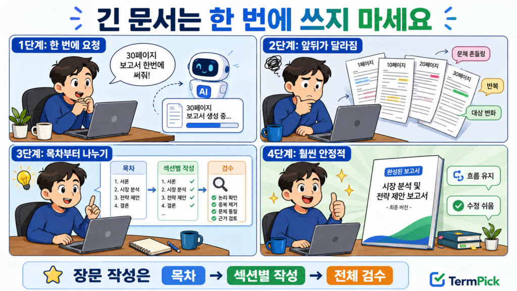 긴 문서를 AI로 한 번에 작성할 때 문체와 대상이 달라지는 과정을 설명한 4컷 만화