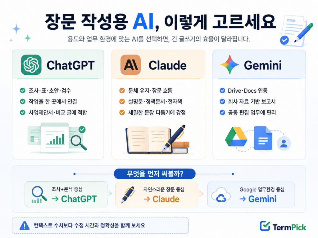 ChatGPT Claude Gemini 장문 유지와 수정 편의성을 비교한 TermPick 레이더 차트