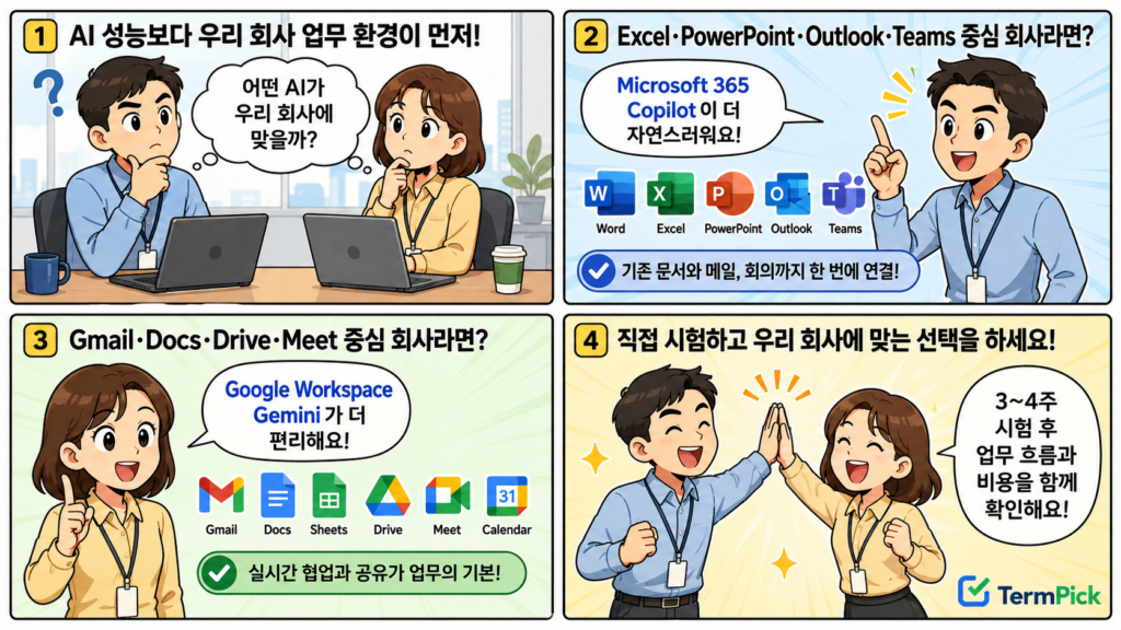 Microsoft 365 Copilot vs Google Workspace Gemini 회사 업무환경 선택 4컷 만화