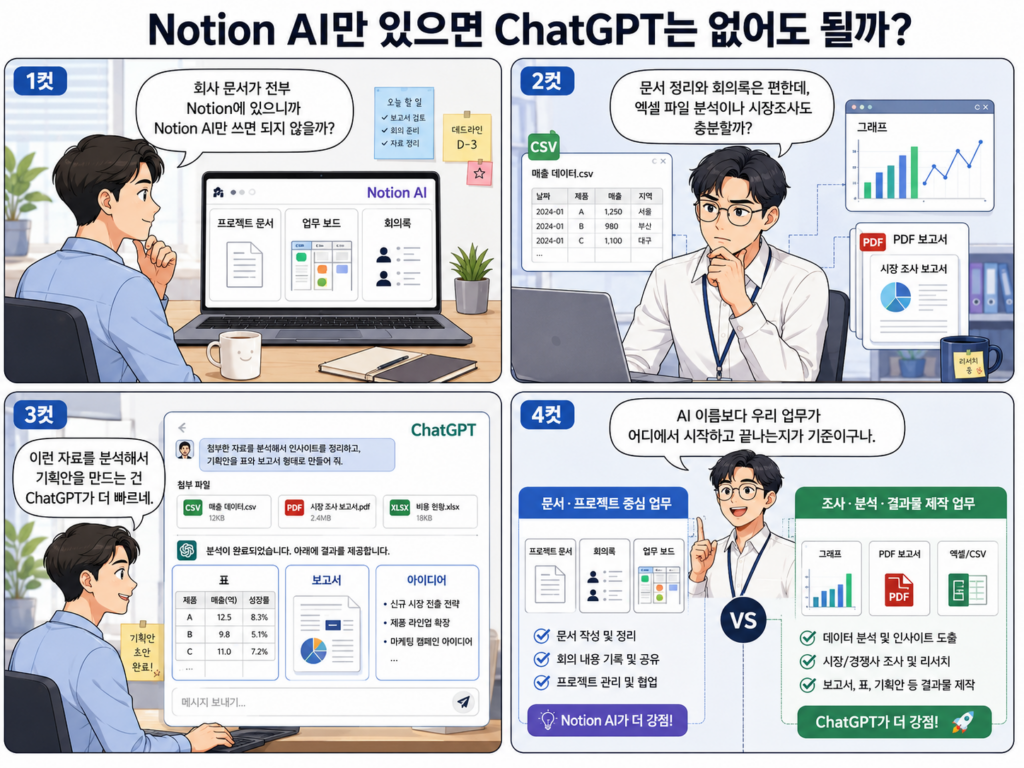 Notion AI ChatGPT 비교 4컷 만화