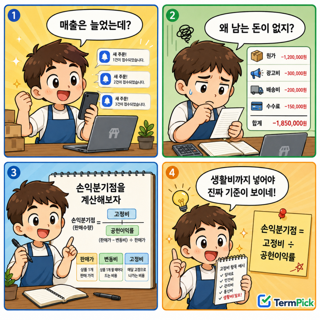 매출은 늘었지만 왜 돈이 남지 않는지 고민하다가 손익분기점 계산법을 이해하는 개인사업자 4컷 만화