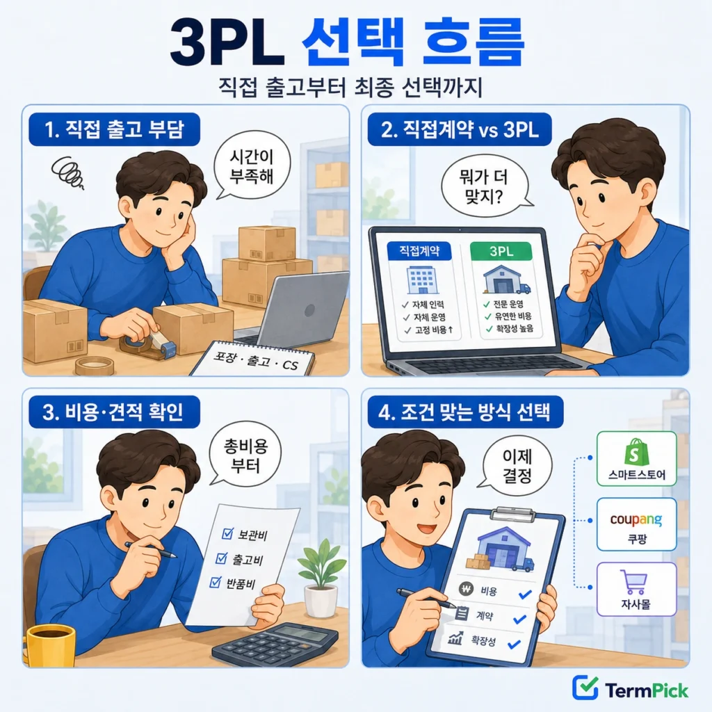 직접 출고 부담부터 비용 확인과 최종 방식 선택까지 3PL 선택 흐름을 4컷으로 설명한 만화