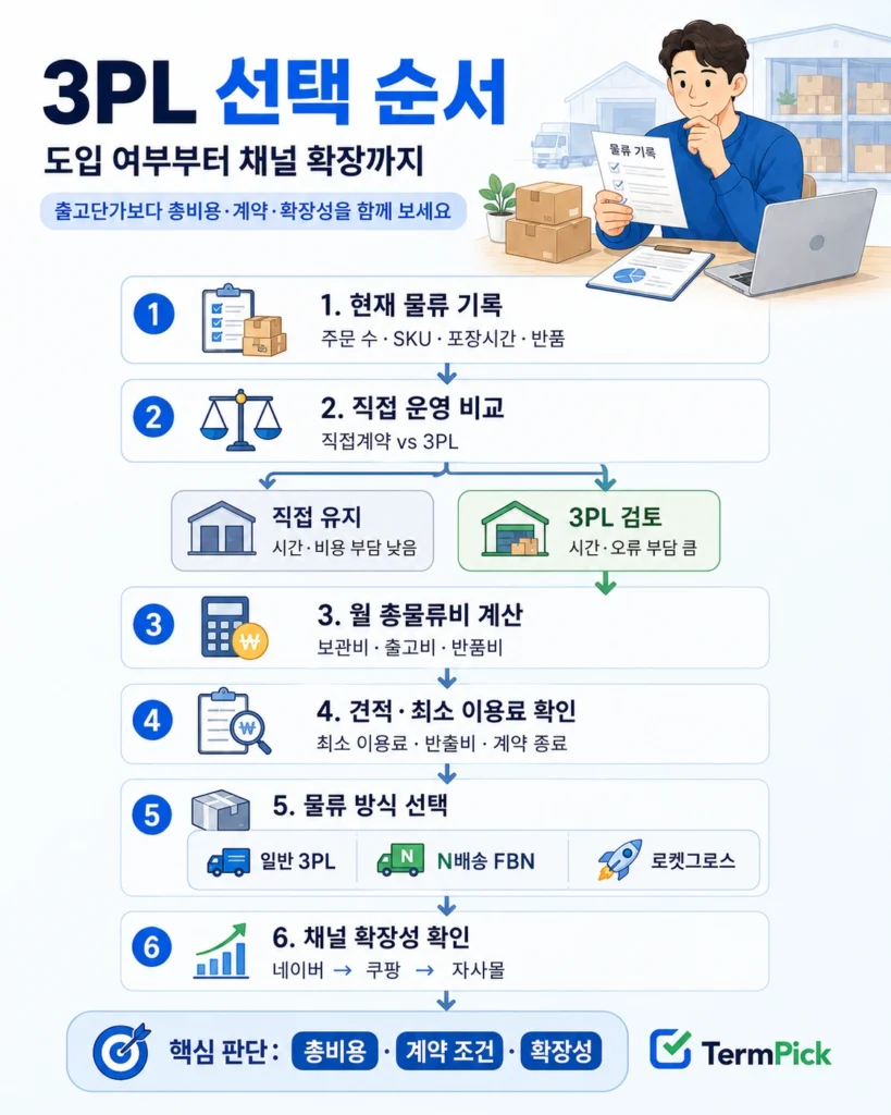 도입 여부부터 월 총물류비 계산과 물류 방식 선택, 채널 확장성 확인까지 3PL 선택 순서를 정리한 인포그래픽
