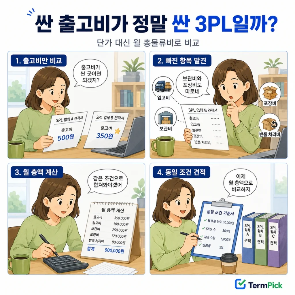 출고 단가만 비교하다 입고 보관 포장 반품까지 월 총비용으로 다시 계산하는 4컷 만화