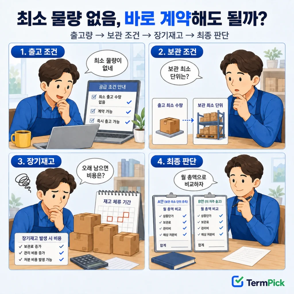 최소 출고량부터 보관 조건과 장기재고를 확인해 3PL 계약 여부를 판단하는 4컷 만화