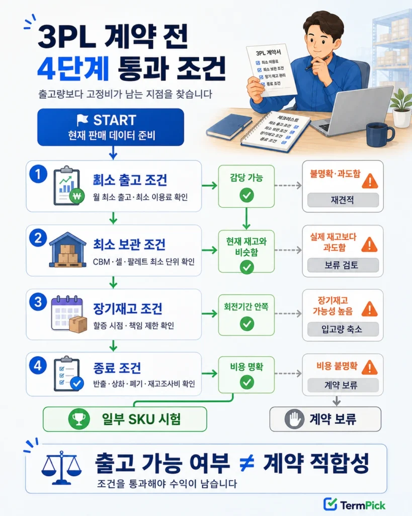 최소 출고량 보관 단위 장기재고 반출비를 순서대로 확인하는 3PL 계약 의사결정 흐름도