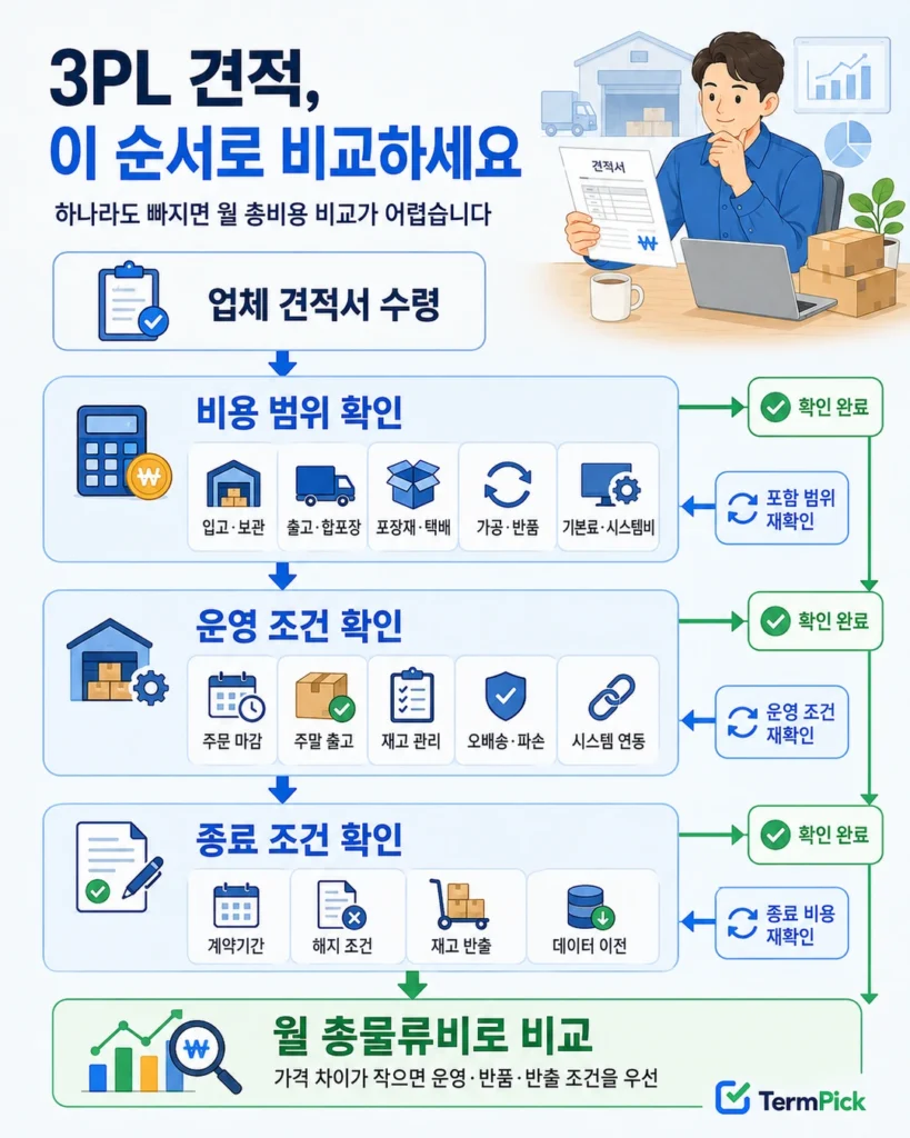 비용 범위 운영 조건 종료 조건을 확인한 뒤 월 총물류비로 비교하는 3PL 견적 흐름도
