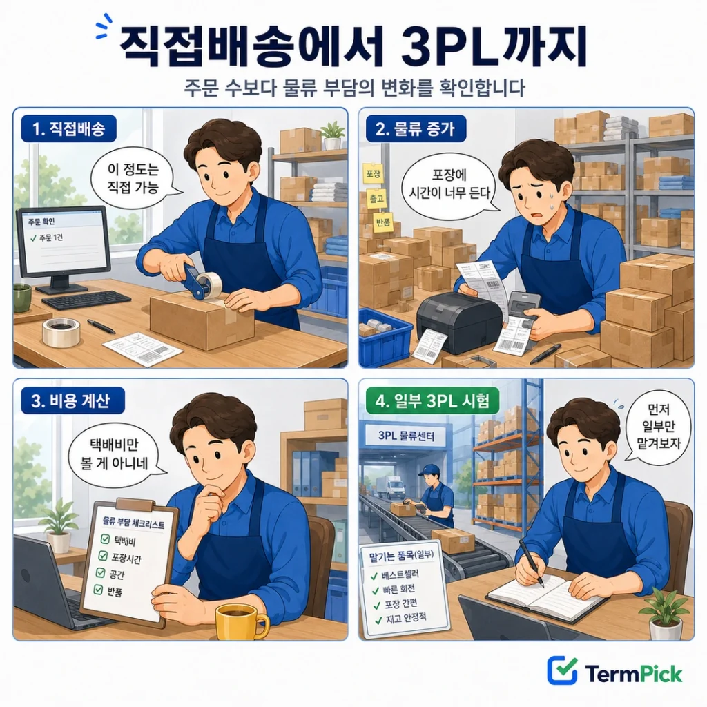 직접배송 업무 증가 후 비용을 계산하고 일부 상품부터 3PL을 시험하는 4단계 과정