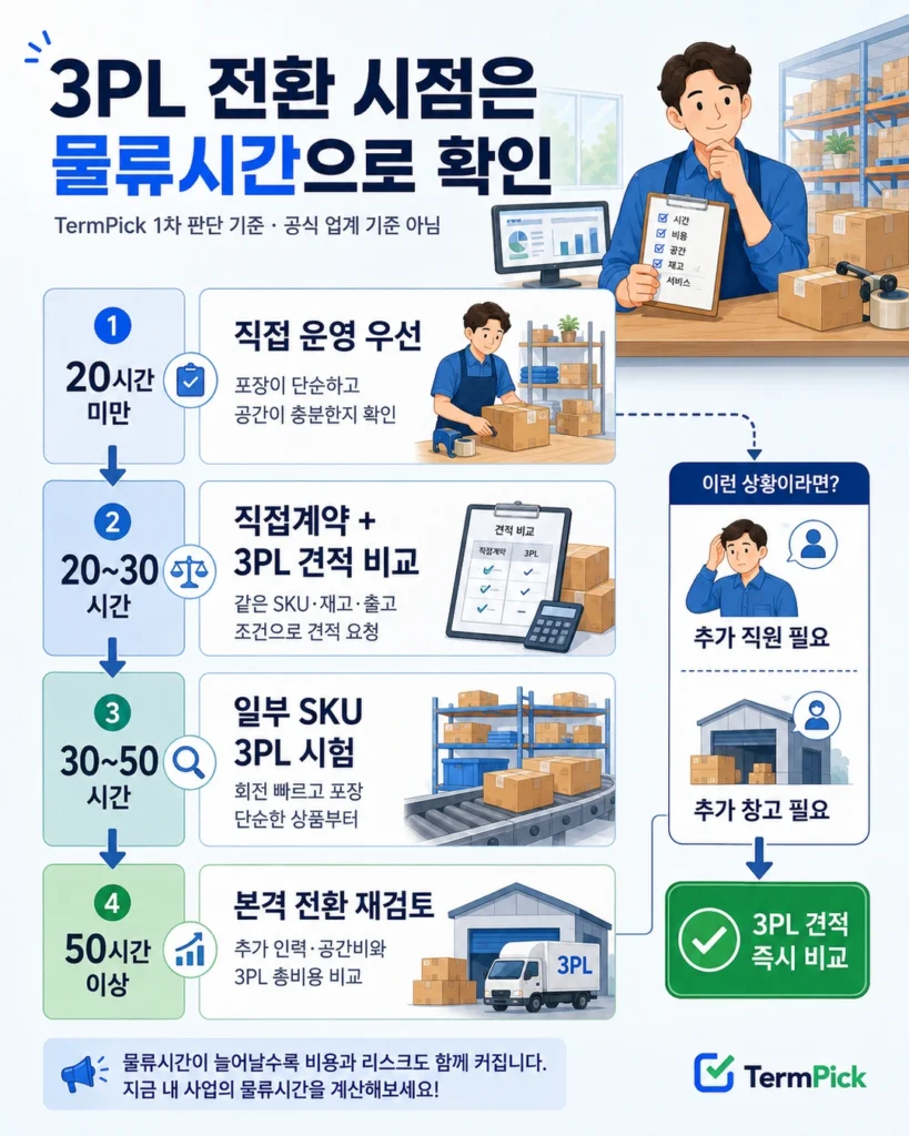 월 물류 작업시간 20시간·30시간·50시간 구간에 따른 직접배송과 3PL 전환 판단 흐름