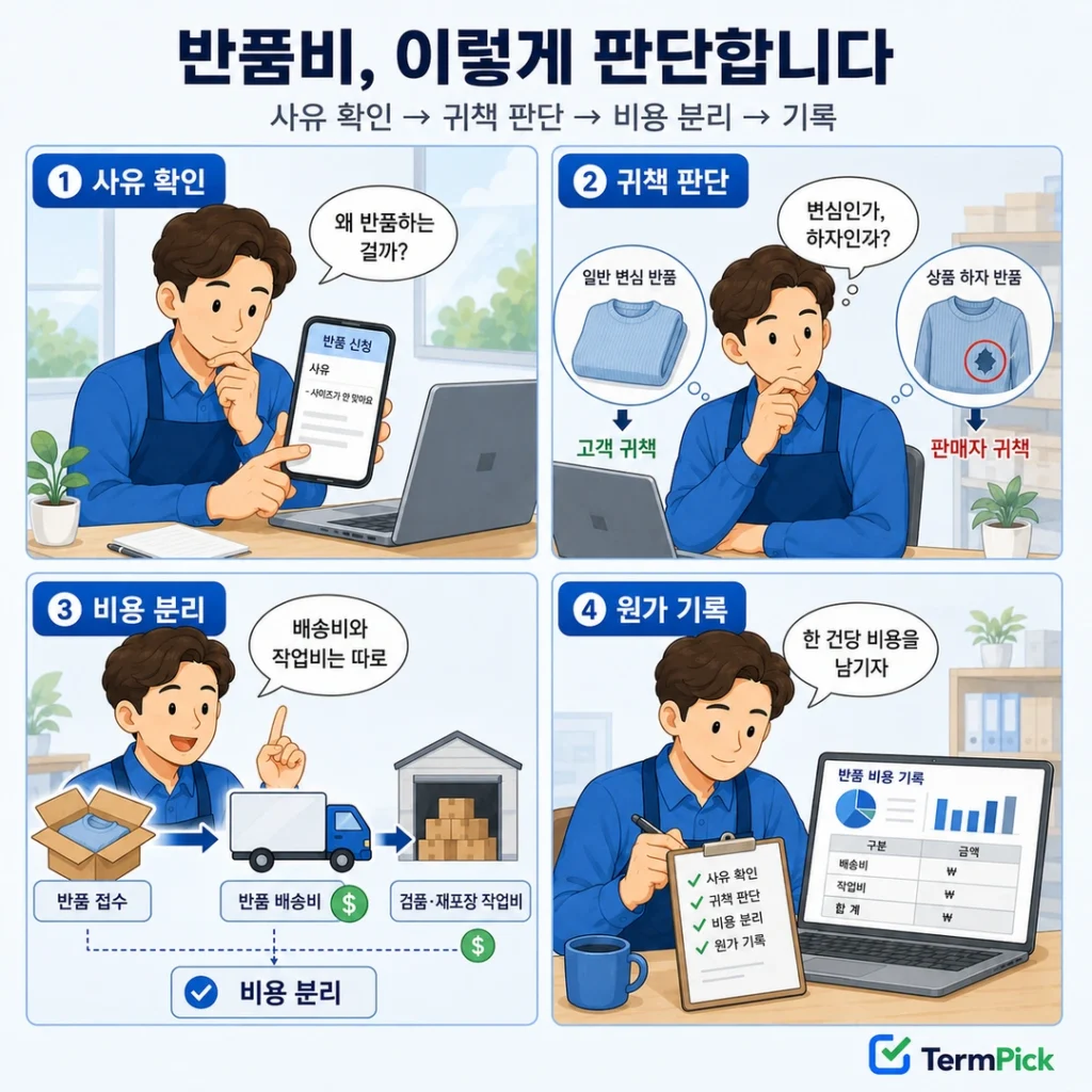 반품 사유 확인부터 귀책 판단 비용 분리 원가 기록까지 보여주는 4컷 만화