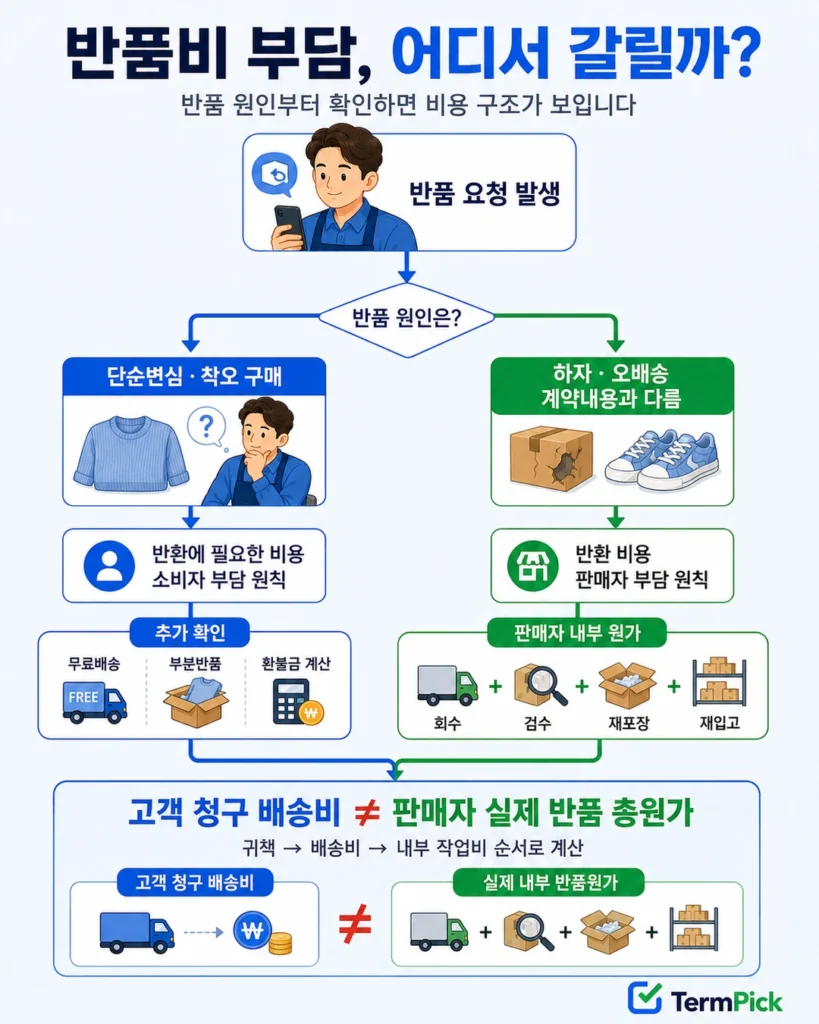 단순변심과 판매자 귀책을 구분해 반품 배송비 부담 주체를 판단하는 흐름도