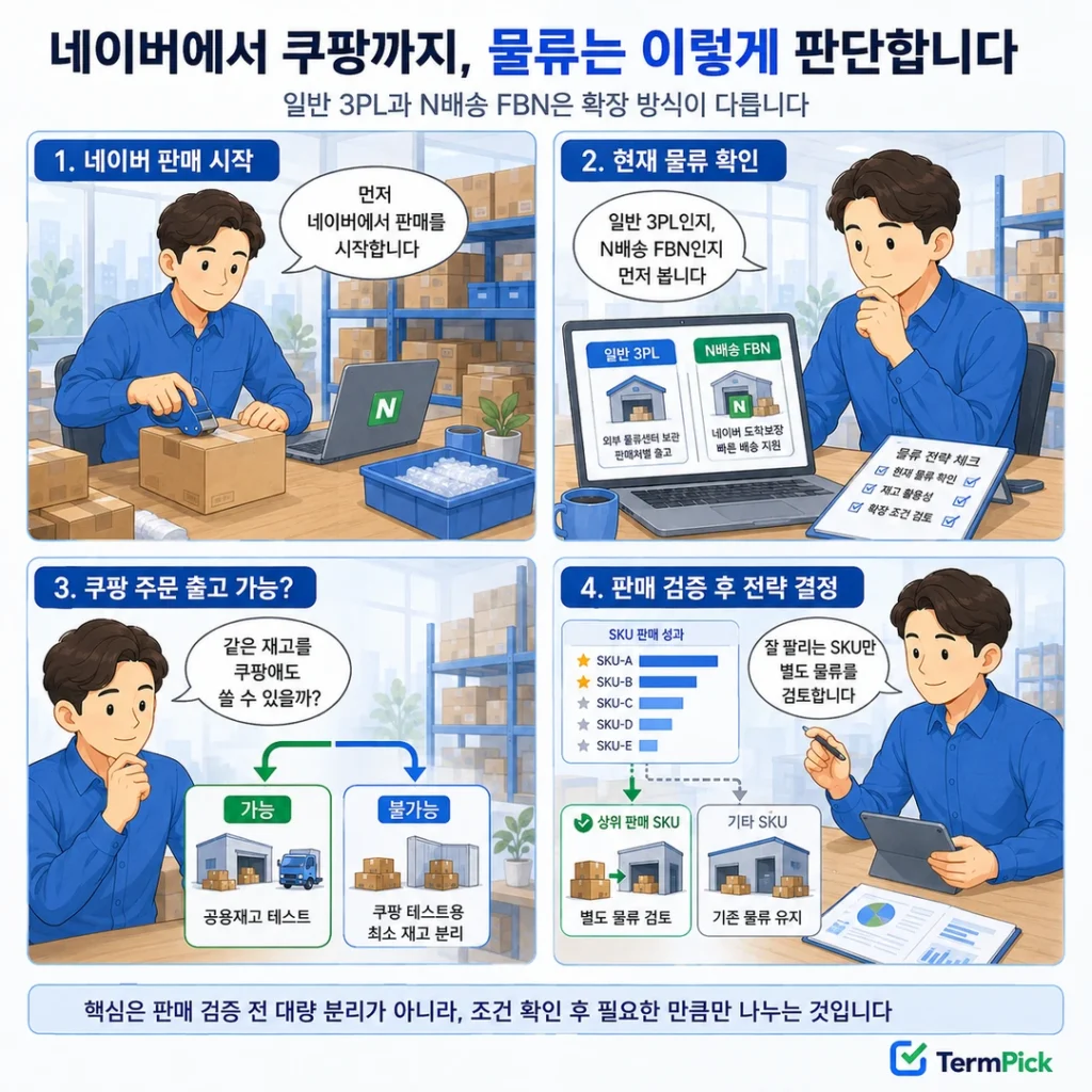 네이버 판매 시작부터 현재 물류 확인, 쿠팡 출고 가능 여부, 핵심 SKU 분리 판단까지 보여주는 4컷 만화