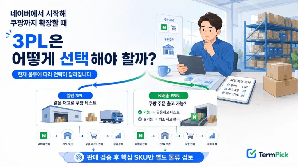 네이버에서 쿠팡까지 확장할 때 일반 3PL과 N배송 FBN의 시작 경로를 나눠 보여주는 대표 이미지
