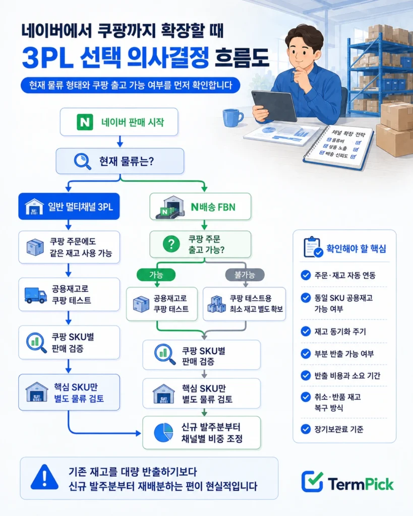 네이버 판매에서 쿠팡 확장까지 일반 3PL과 N배송 FBN의 경로를 나눠 보여주는 3PL 선택 흐름도