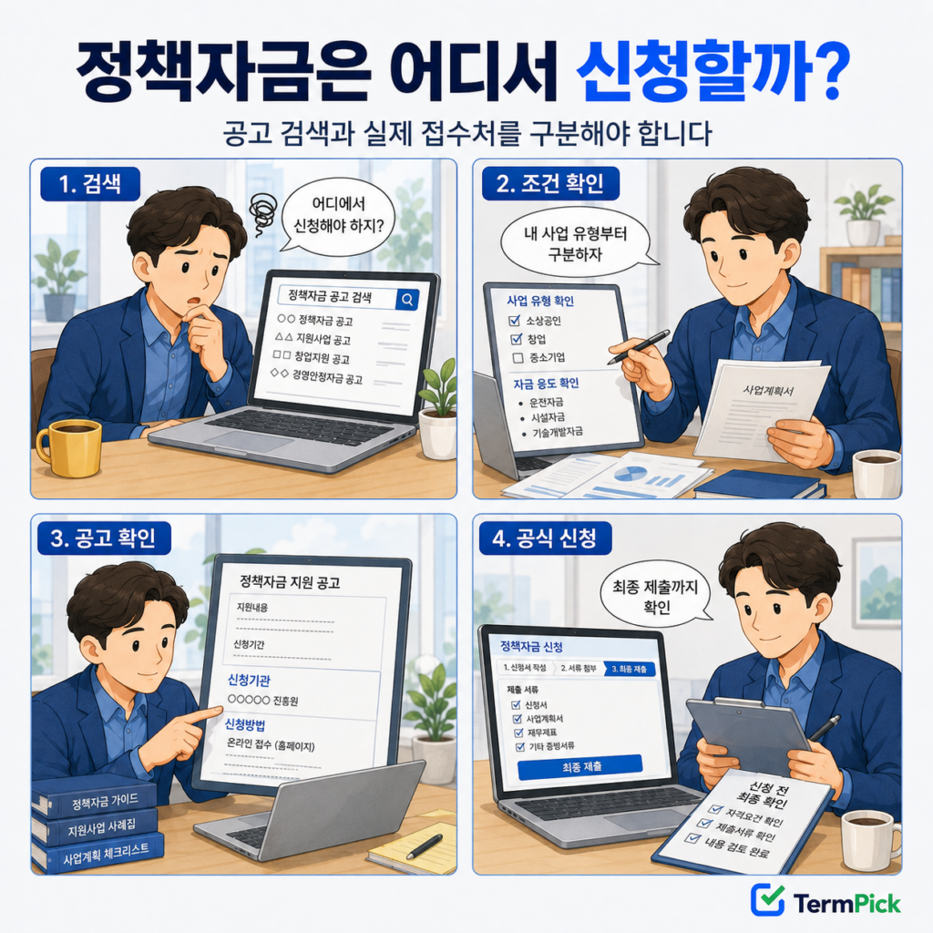 정책자금 공고 검색부터 공식 사이트 최종 제출까지 보여주는 4컷 만화