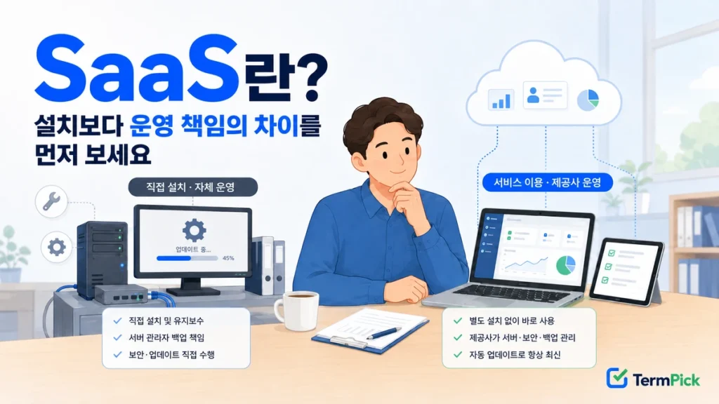 SaaS란 무엇인지 설치형 소프트웨어와 운영 책임 차이로 비교한 이미지