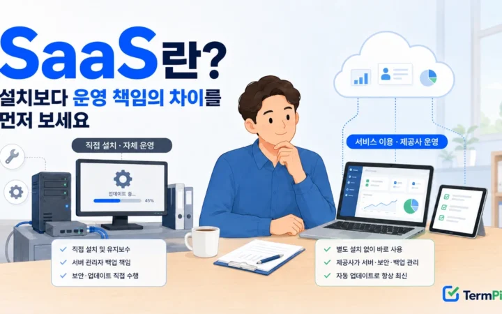 SaaS란 무엇인지 설치형 소프트웨어와 운영 책임 차이로 비교한 이미지