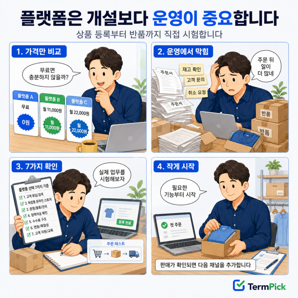 가격 비교부터 실제 주문 시험까지 쇼핑몰 플랫폼을 선택하는 4단계 만화