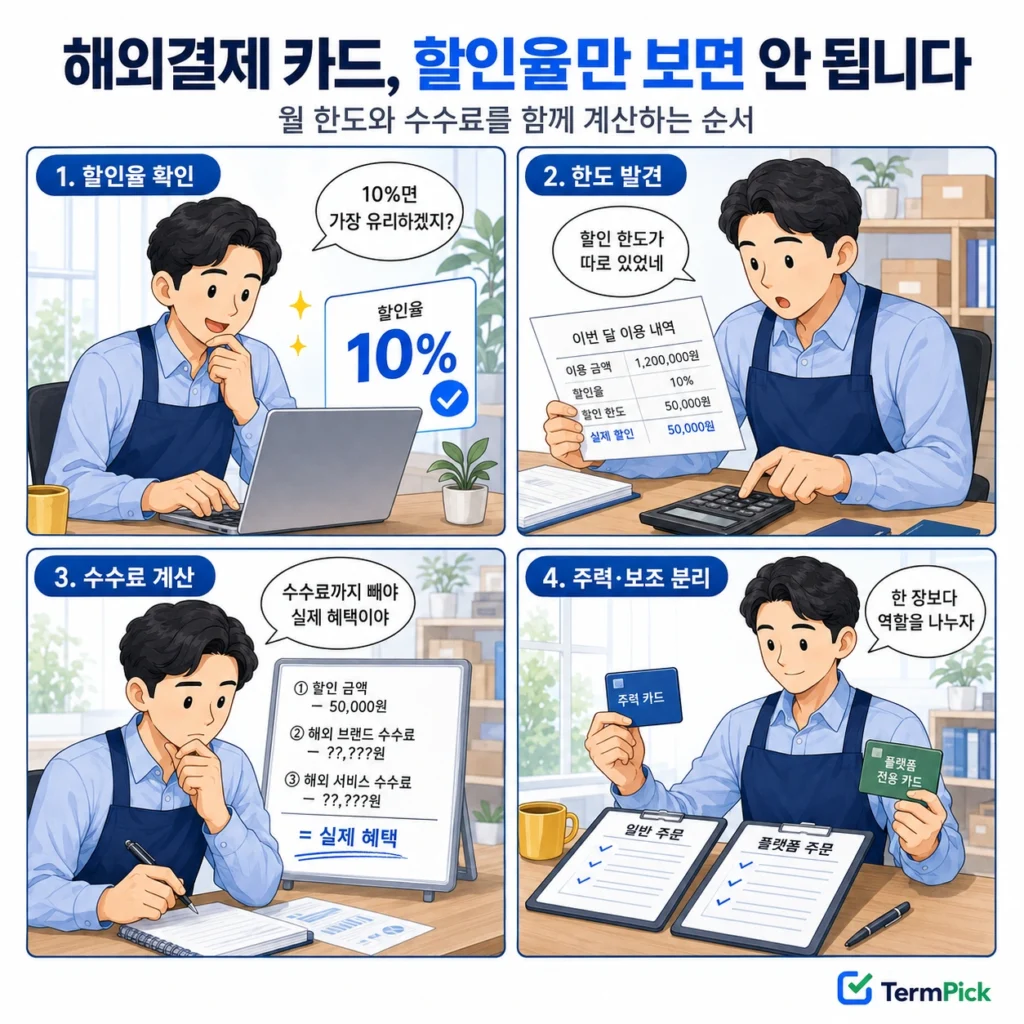 구매대행 해외결제 카드의 할인 한도와 수수료를 확인하는 4컷 만화