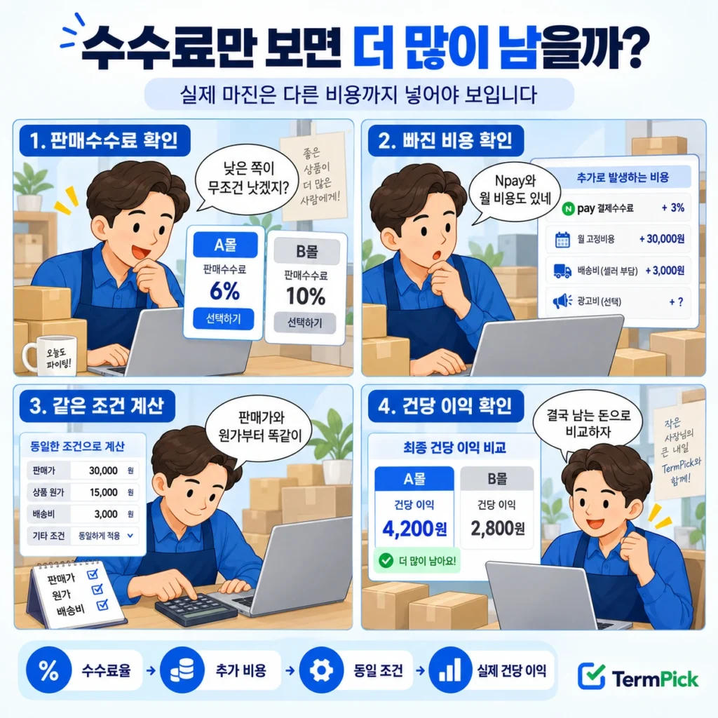 판매수수료만 보지 않고 추가 비용과 동일 조건을 넣어 실제 이익을 비교하는 4컷 만화