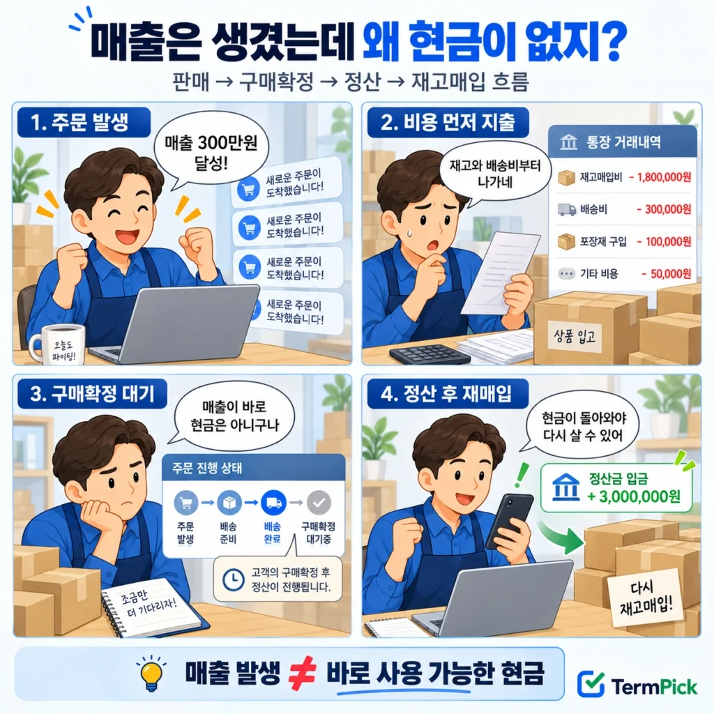 온라인 판매 매출 발생부터 구매확정 정산 재고 재매입까지 현금흐름을 보여주는 4컷 만화